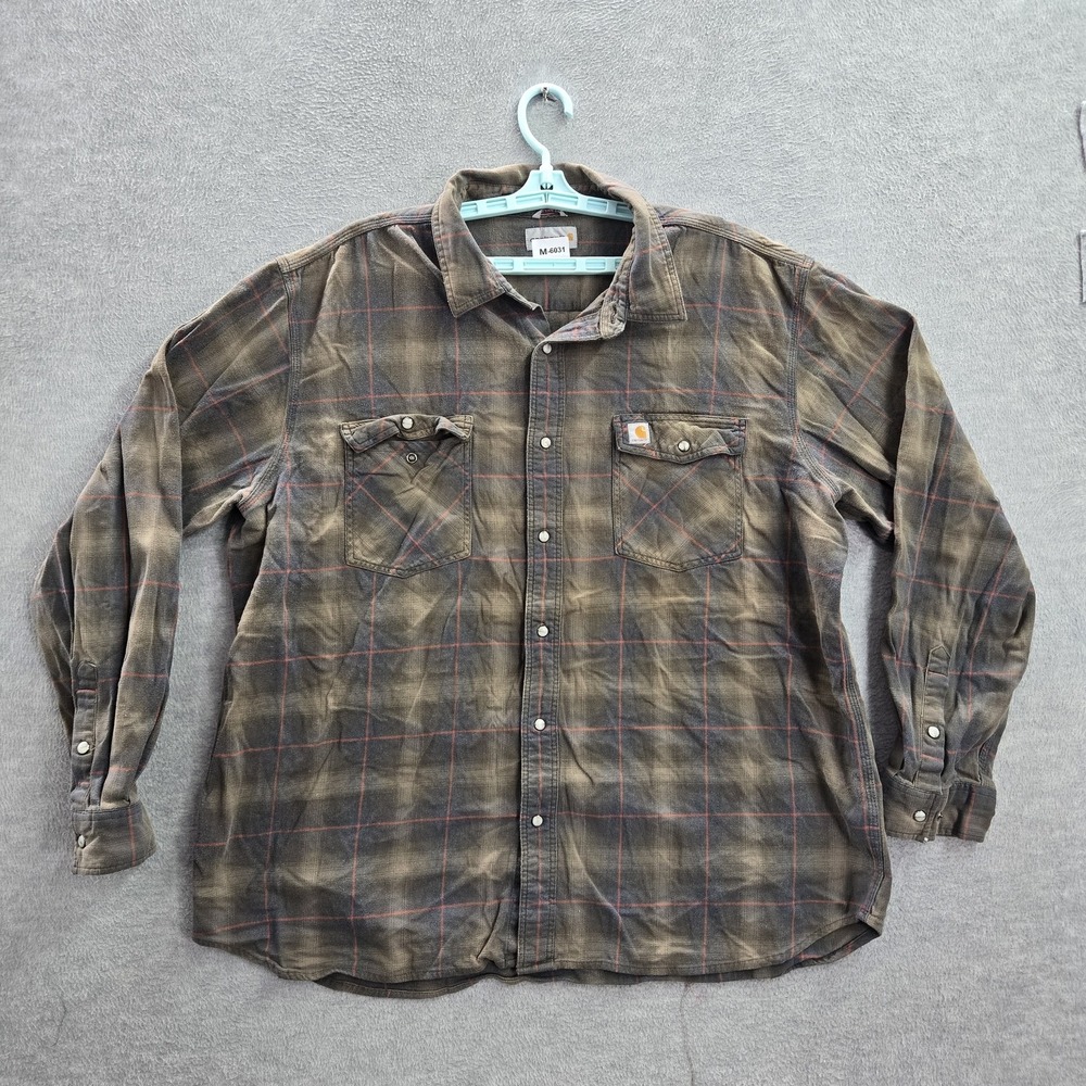 Carhartt Men Button Up Shirt 2XL Brown Plaid Western Logo Long Sleeve Work Relax